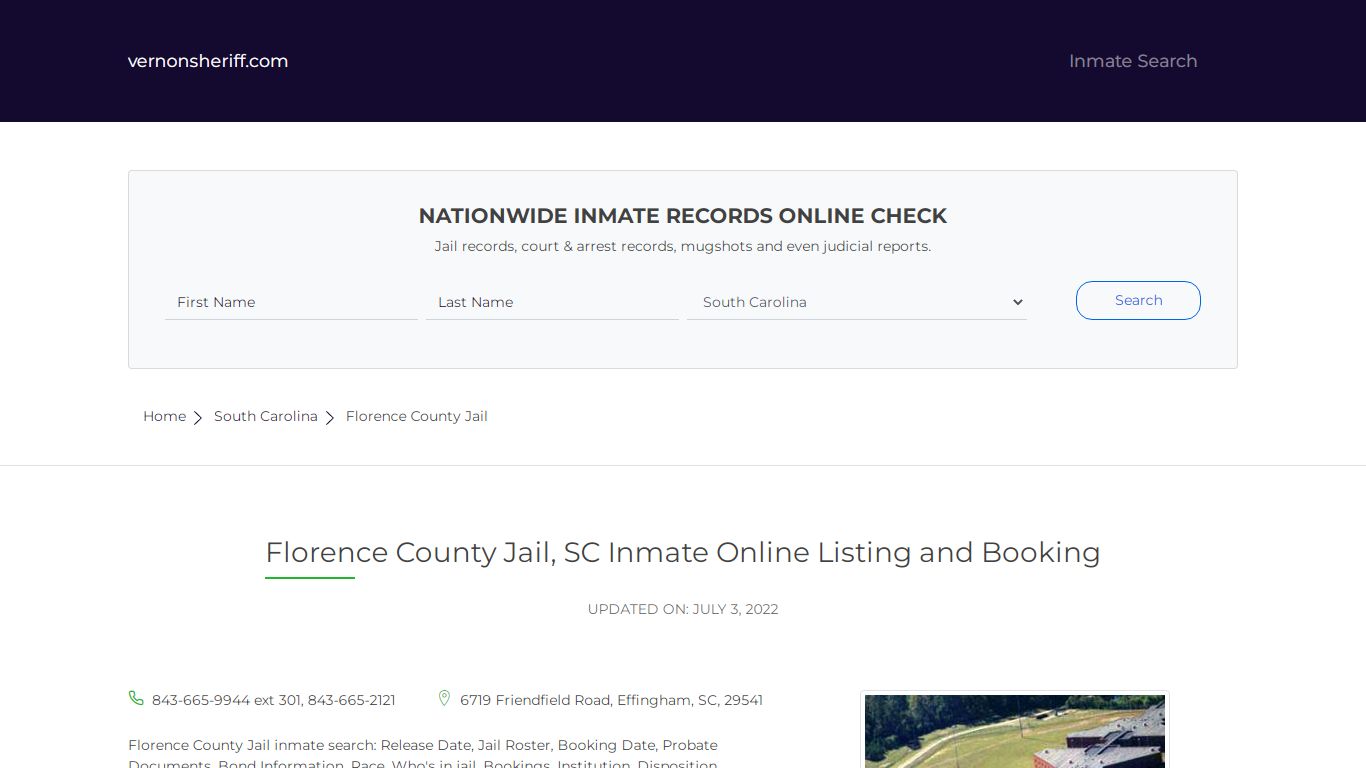 Florence County Jail, SC Inmate Online Listing and Booking - Vernon County